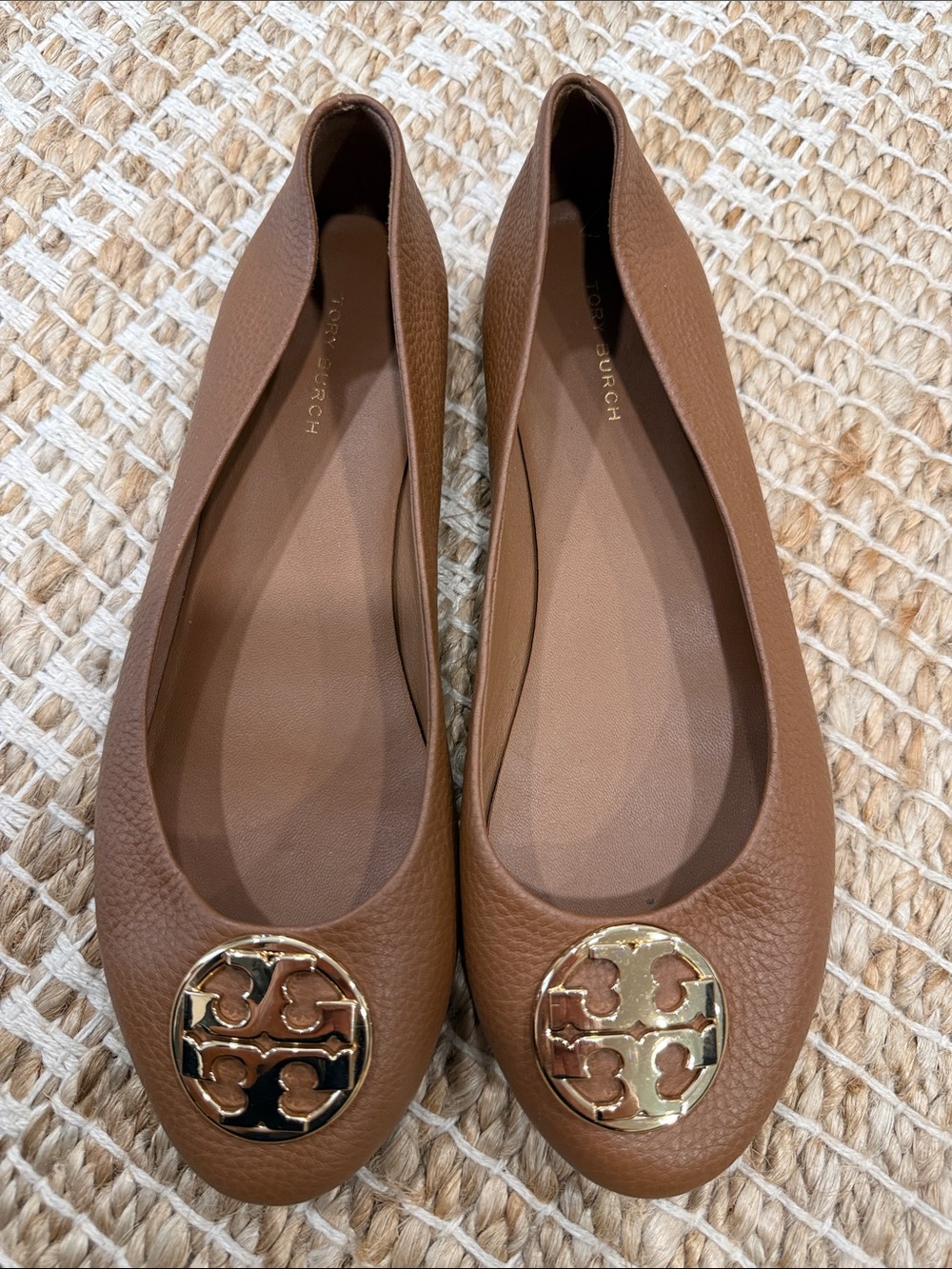 Tory Burch Tan Leather Logo Ballet Flats with Gold Medallion
